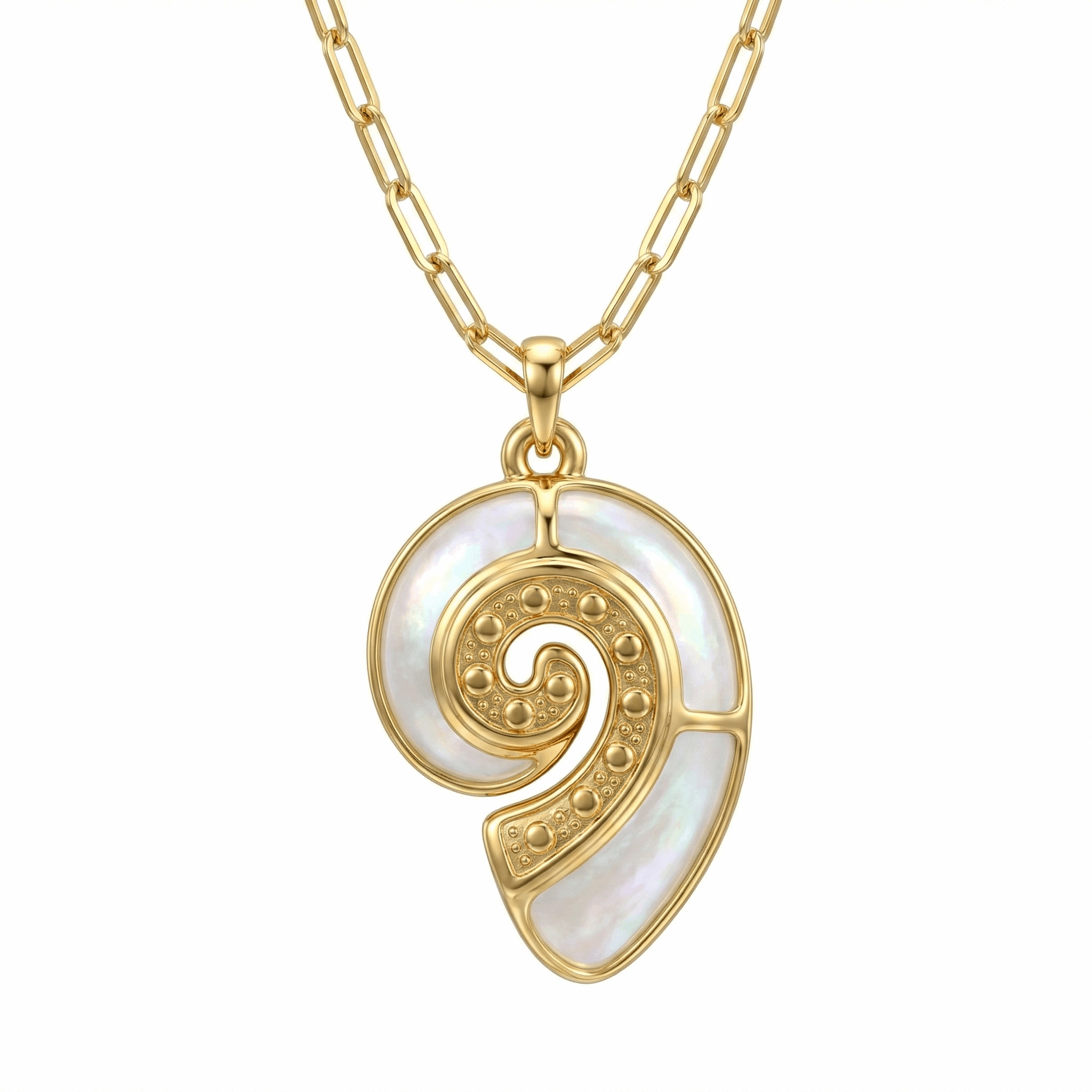 Collier spirale en acier inoxydable doré or 18k avec pendentif nacré, chaîne ajustable 41 + 5 cm, bijou élégant pour usage quotidien